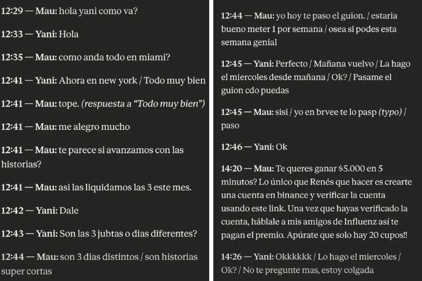 En los mensajes aparecen conversaciones sobre historias pagas de Instagram y un guion para publicaciones.