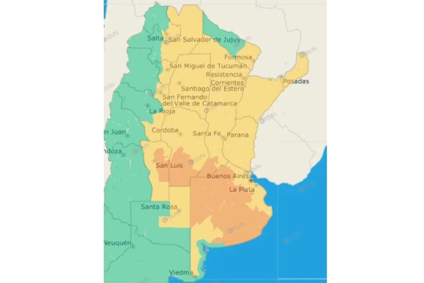 Las zonas bajo alerta según el SMN.