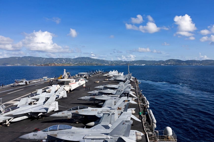 FILE PHOTO: The world's largest aircraft carrier, the U.S. Navy nuclear-powered Ford-class aircraft carrier USS Gerald R. Ford (CVN 78) arrives in St. Thomas, U.S. Virgin Islands, December 1, 2025.   Seaman Abigail Reyes/U.S. Navy/Handout via REUTERS. 
THIS IMAGE HAS BEEN SUPPLIED BY A THIRD PARTY/File Photo