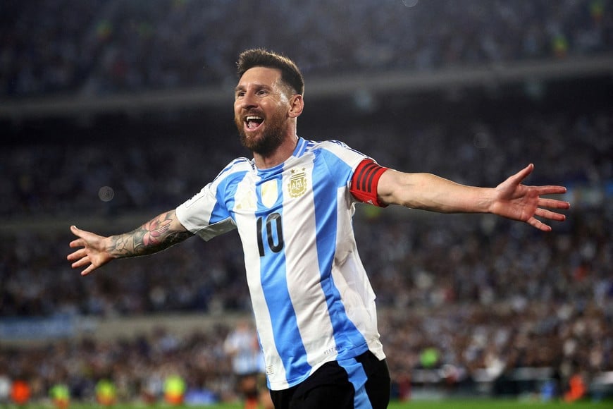 FILE PHOTO: Soccer Football - World Cup - South American Qualifiers - Argentina v Bolivia - Estadio Mas Monumental, Buenos Aires, Argentina - October 15, 2024
Argentina's Lionel Messi celebrates scoring their first goal REUTERS/Matias Baglietto/File Photo