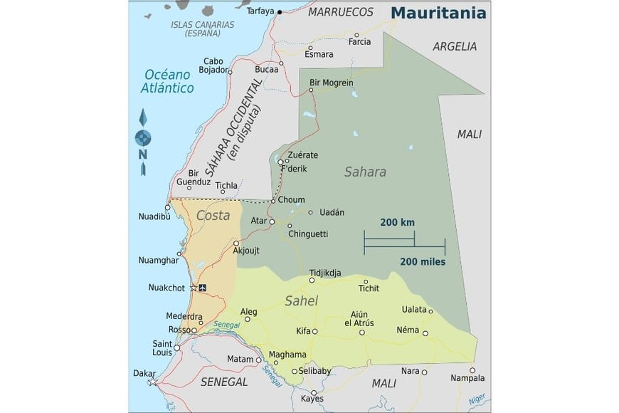 La ubicación de Mauritania en África.