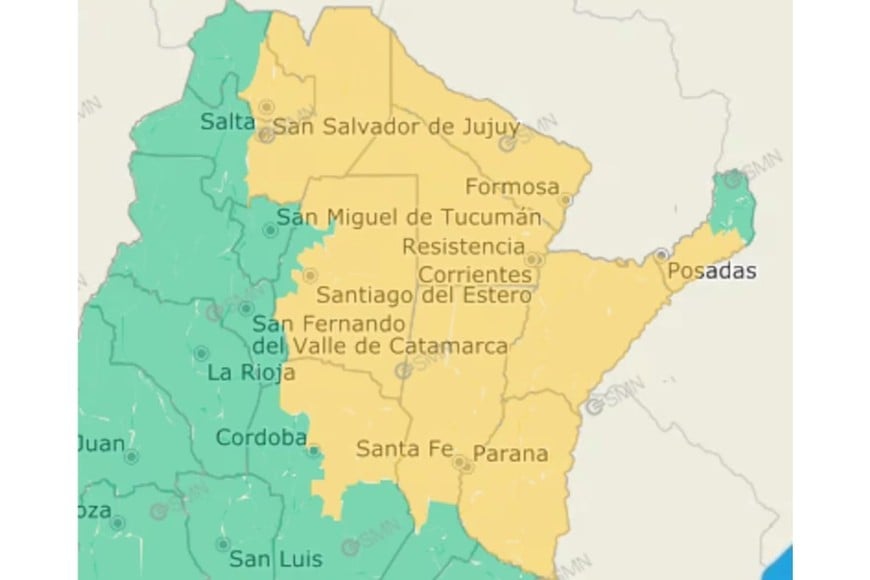 Las zonas del país bajo alerta amarilla.