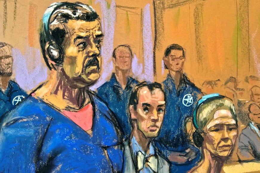 Venezuela's captured President Nicolas Maduro and his wife Cilia Flores attend their arraignment with defense lawyer Mark Donnelly to face U.S. federal charges including narco-terrorism, conspiracy, drug trafficking, money laundering and others, at the Daniel Patrick Moynihan United States Courthouse in Manhattan, New York City, U.S., January 5, 2026 in this courtroom sketch. REUTERS/Jane Rosenberg