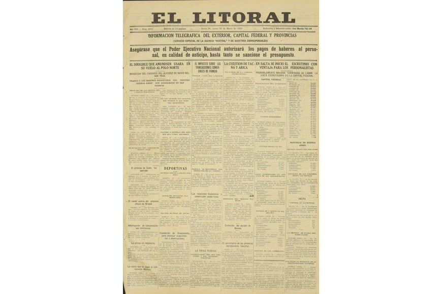 La tapa de la edición del 29 de marzo de 1926 de El Litoral.