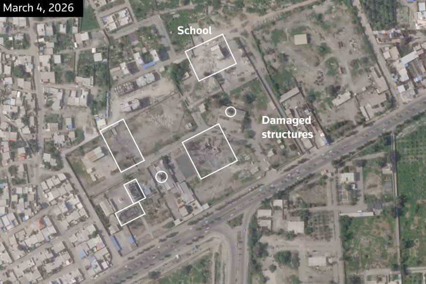A satellite image, annotated by Reuters, shows the Shajareh Tayyebeh girls' school and other structures damaged after being struck, amid the U.S.-Israeli conflict with Iran, in Minab, Hormozgan Province, Iran March 4, 2026. 2026 Planet Labs PBC/Handout via REUTERS THIS IMAGE HAS BEEN SUPPLIED BY A THIRD PARTY MANDATORY CREDIT