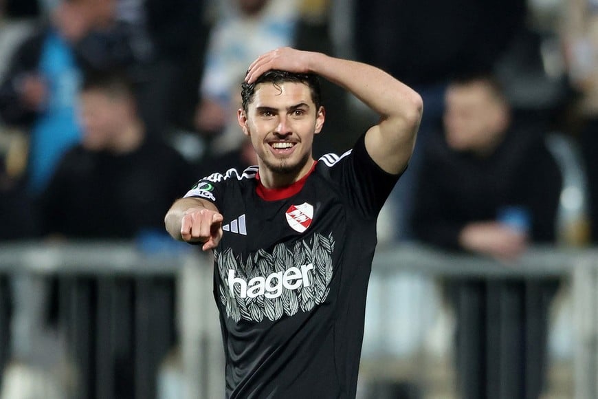 Soccer Football - UEFA Conference League - Round of 16 - First Leg - Rijeka v RC Strasbourg - Stadion HNK Rijeka, Rijeka, Croatia - March 12, 2026
RC Strasbourg's Joaquin Panichelli celebrates scoring their first goal REUTERS/Antonio Bronic