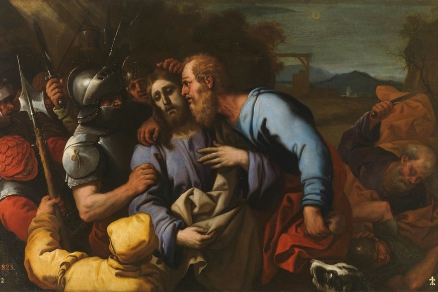Representación pictórica de la traición a Cristo. Cuadro "El beso de Judas", óleo sobre lámina de cobre, pintado por el artista napolitano Luca Girodano (1634-1705), después de 1655.
