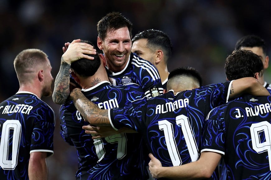Soccer Football - International Friendly - Argentina v Zambia - Estadio La Bombonera, Buenos Aires, Argentina - March 31, 2026
Argentina's Nicolas Otamendi celebrates scoring their third goal with Lionel Messi REUTERS/Agustin Marcarian