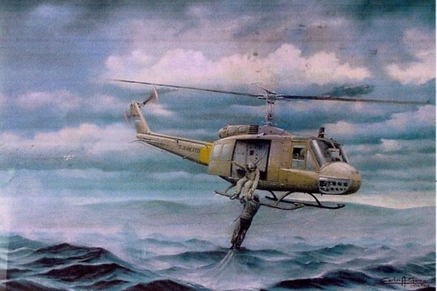 Una pintura del artista Carlos Adrián García, retrata al helicóptero piloteado por Svendsen luego de sumergir su patín en el agua para rescatar a José Arca. En la puerta del Bell, quien sostiene al piloto naval es el cabo primero San Miguel.