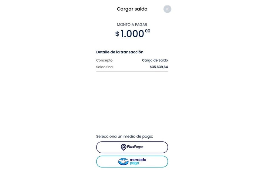 Una vez elegido el monto a cargar, se podrá elegir la billetera virtual.