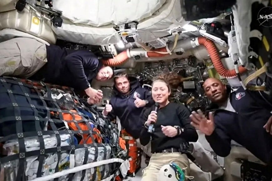 NASA Artemis II crew members Jeremy Hansen, Reid Wiseman, Christina Koch, and Victor Glover answer questions from reporters during the first downlink event of their mission April 2, 2026. NASA TV/Handout via REUTERS THIS IMAGE HAS BEEN SUPPLIED BY A THIRD PARTY