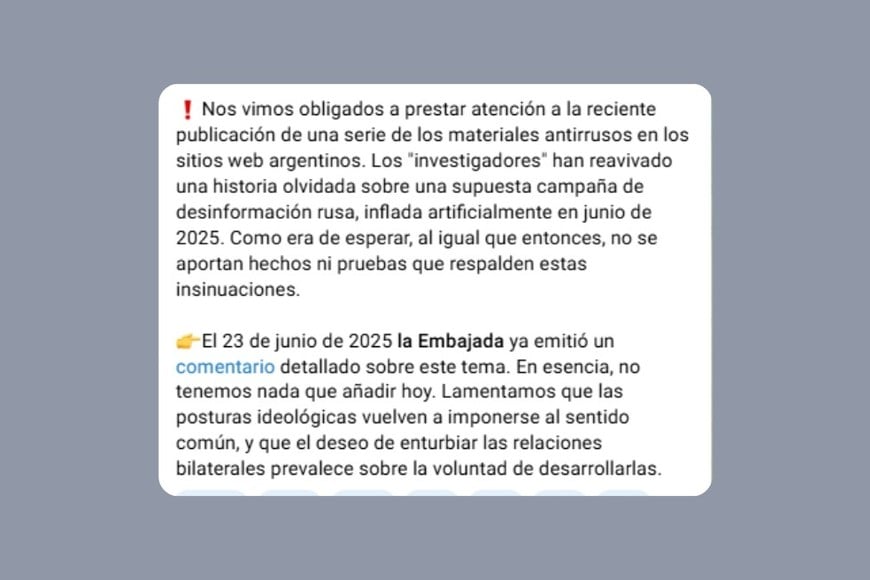 El comunicado de la Embajada Rusa en Telegram.