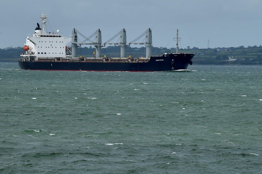 FILE PHOTO: The Panama-flagged bulk carrier ship, the Navi Star arrives at Foynes Port delivering 33,000 tonnes of Ukrainian corn to Ireland after departing Odessa following the formation of the Black Sea Grain Initiative, in Foynes, Ireland August 20, 2022. REUTERS/Clodagh Kilcoyne/File Photo