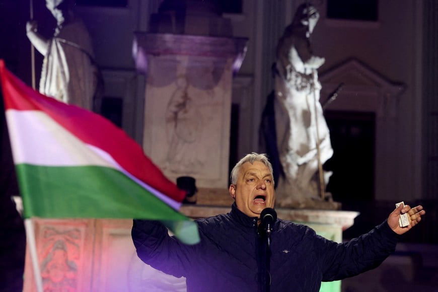 Hungarian Prime Minister Viktor Orban speaks during an election campaign rally in Gyor, Hungary, March 27, 2026. REUTERS/Bernadett Szabo