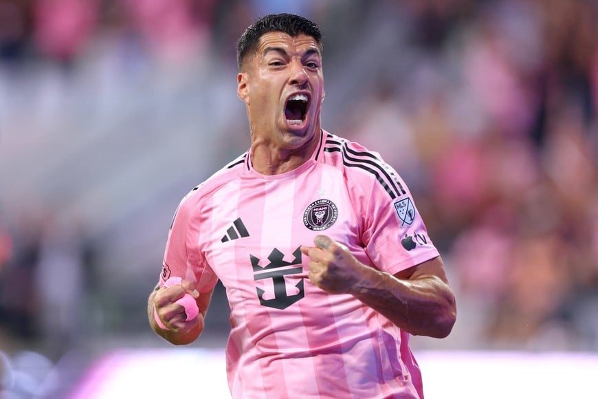 Apr 4, 2026; Miami, Florida, USA; Inter Miami CF forward Luis Suarez (9) celebrates after scoring a goal against Austin FC during the second half at Nu Stadium. Mandatory Credit: Nathan Ray Seebeck-Imagn Images