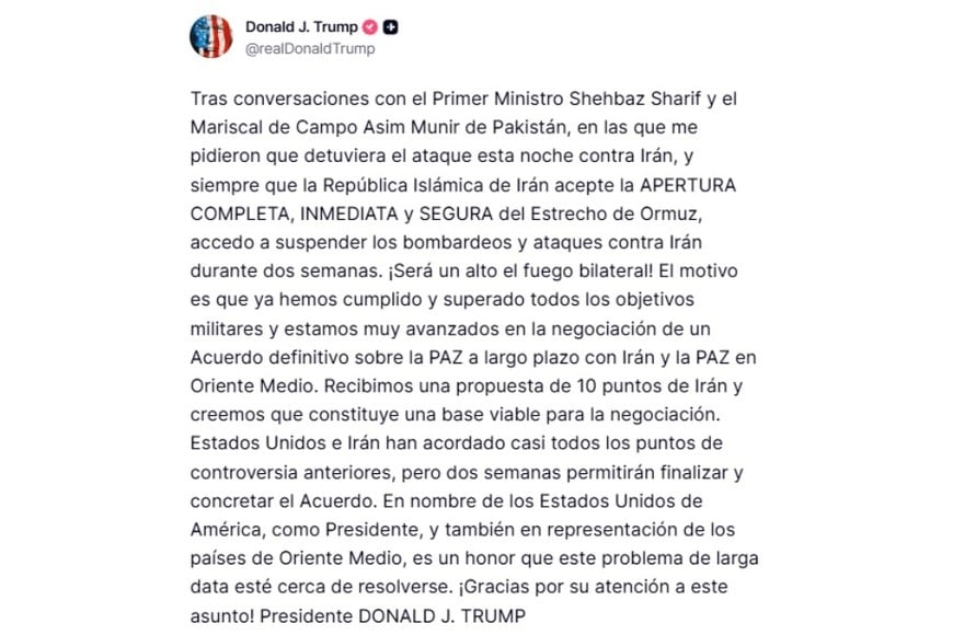 La publicación de Trump este martes en Truth Social.