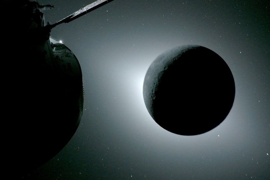 A view of the Moon backlit by the Sun during a solar eclipse, as photographed by one of the cameras on the Orion spacecraft's solar arrays during the Artemis II crew’s flyby of the Moon April 7, 2026. According to the image file data the picture was taken with a GoPro HERO4 Black camera. NASA/Handout via REUTERS
THIS IMAGE HAS BEEN SUPPLIED BY A THIRD PARTY