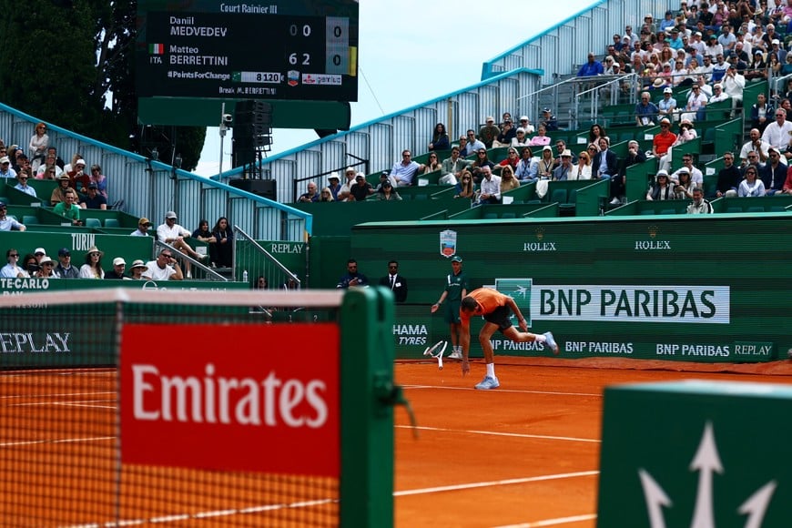 Tennis - ATP Masters 1000 - Monte Carlo Masters - Monte Carlo Country Club, Roquebrune-Cap-Martin, France - April 8, 2026
Russia's Daniil Medvedev reacts during his round of 32 match against Italy's Matteo Berrettini REUTERS/Manon Cruz