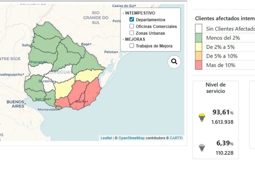 Mapa del suministro de energía eléctrica de UTE
