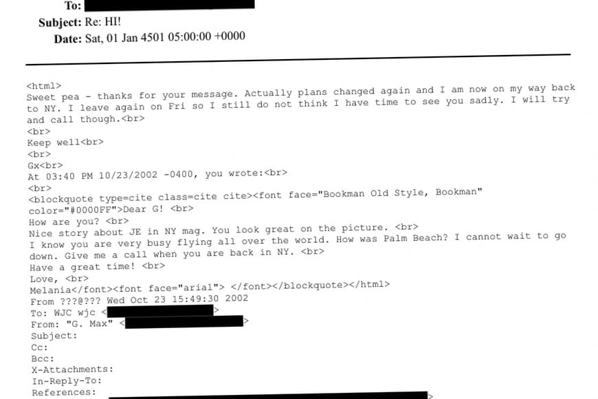 An email exchange apparently between Melania Trump and Ghislaine Maxwell, associate of the late financier and convicted sex offender Jeffrey Epstein, is shown in this image released by the Department of Justice in Washington, D.C., U.S., as part of documents from its investigation into Epstein. U.S. Justice Department/Handout via REUTERS THIS IMAGE HAS BEEN SUPPLIED BY A THIRD PARTY. REDACTED AREAS FROM SOURCE.