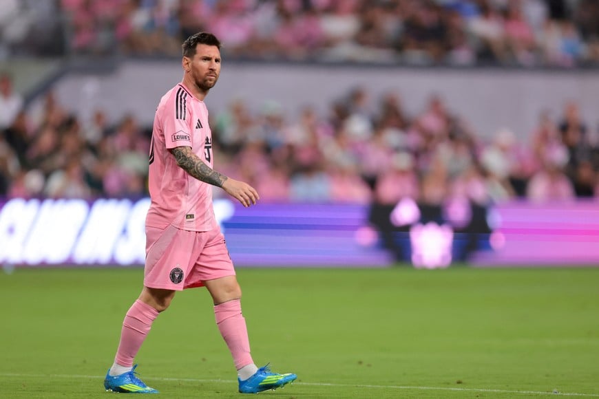 Apr 4, 2026; Miami, Florida, USA; Inter Miami CF forward Lionel Messi (10) looks on against Austin FC during the first half at Nu Stadium. Mandatory Credit: Sam Navarro-Imagn Images
