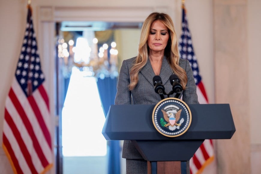U.S. first lady Melania Trump delivers remarks regarding the late financier and convicted sex offender Jeffrey Epstein from the Grand Foyer of the White House in Washington, D.C., U.S., April 9, 2026. REUTERS/Evan Vucci