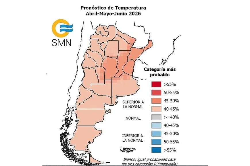 Pronósticos de temperatura para el trimestre abril-mayo-junio de 2026. Crédito: SMN.