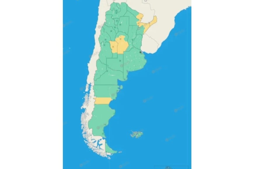 Las provincias bajo alerta son Córdoba, San Luis, Chaco, Formosa, Misiones y Corrientes. Foto: SMN.