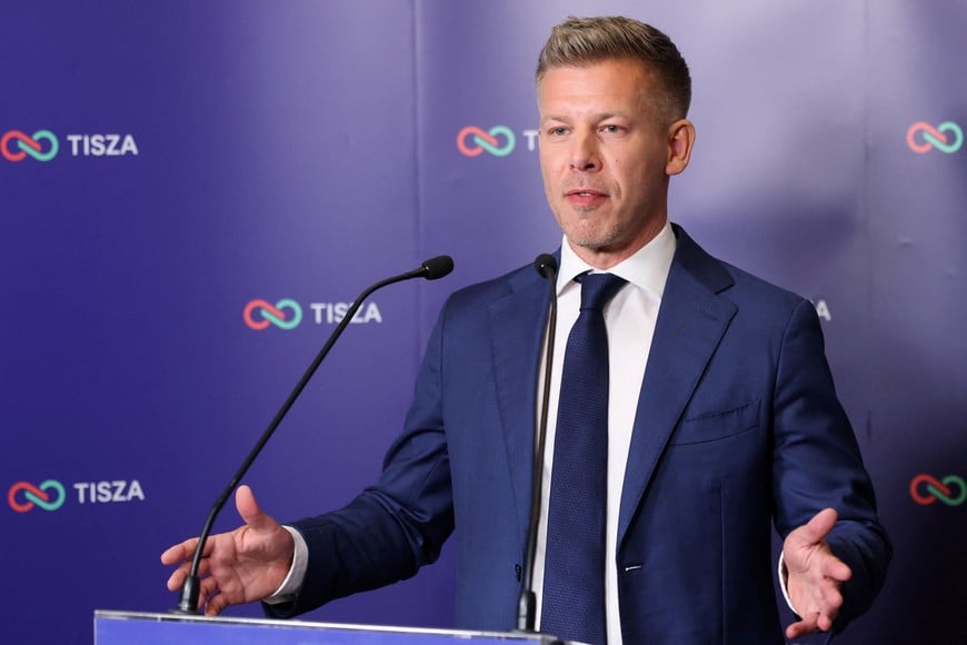 Peter Magyar, leader of the opposition Tisza speaks during a press conference, on the day of the parliamentary election, in Budapest, Hungary, April 12, 2026. REUTERS/Leonhard Foeger