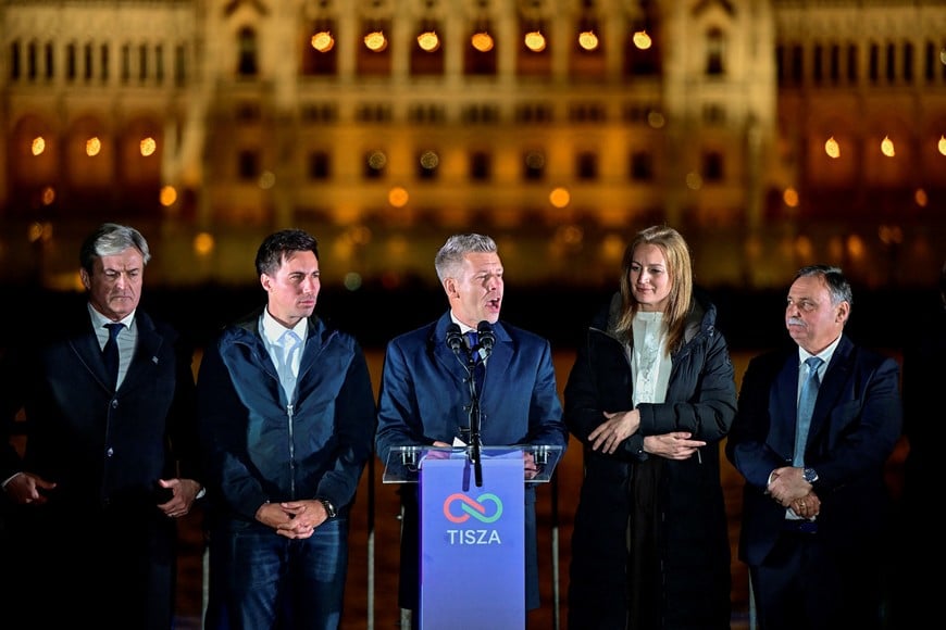 Peter Magyar, leader of the opposition Tisza party, speaks following the partial results of the parliamentary election, in Budapest, Hungary, April 12, 2026. REUTERS/Marton Monus