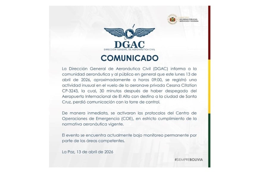 Comunicado de la Dirección General de Aeronáutica Civil de Bolivia