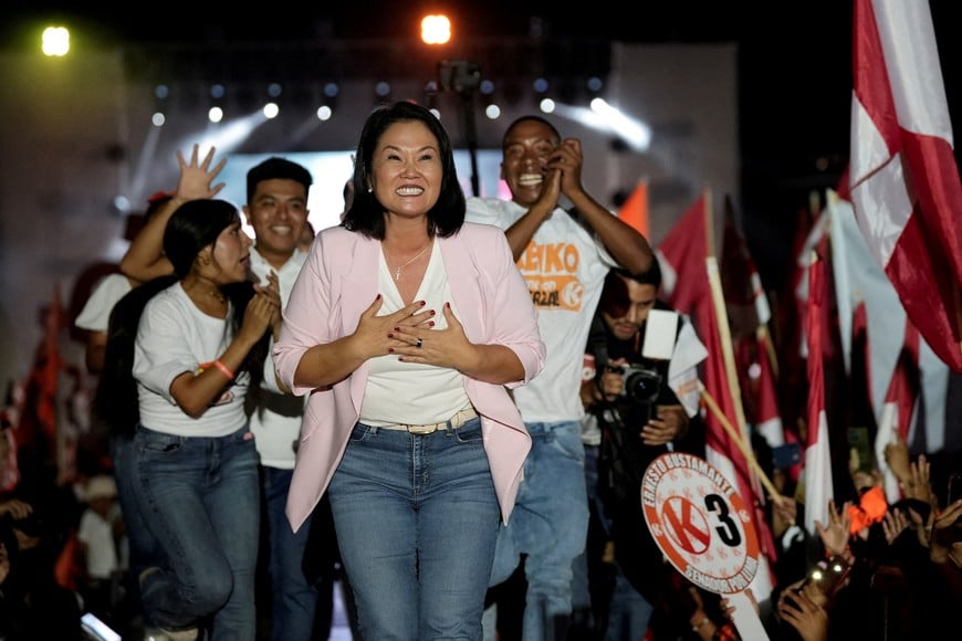 Presidential candidate Keiko Fujimori, who is making a fourth bid for Peru's presidency, reacts during her closing campaign rally ahead of the April 12 general election, in Lima, Peru, April 9, 2026. REUTERS/Angela Ponce     TPX IMAGES OF THE DAY