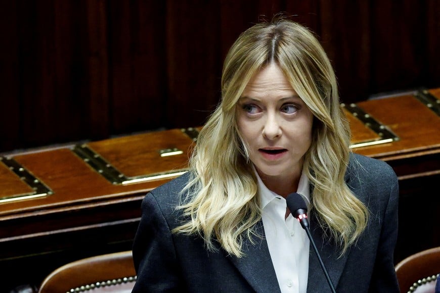 Italy's Prime Minister Giorgia Meloni speaks at the lower house of Parliament to report on her government’s actions and is expected to speak on the latest developments in Iran, in Rome, Italy, April 9, 2026. REUTERS/Remo Casilli     TPX IMAGES OF THE DAY