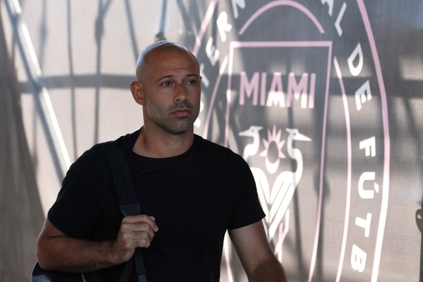 Jul 26, 2025; Fort Lauderdale, Florida, USA; Inter Miami CF head coach Javier Mascherano arrives to the stadium before the game against the FC Cincinnati at Chase Stadium. Mandatory Credit: Sam Navarro-Imagn Images
