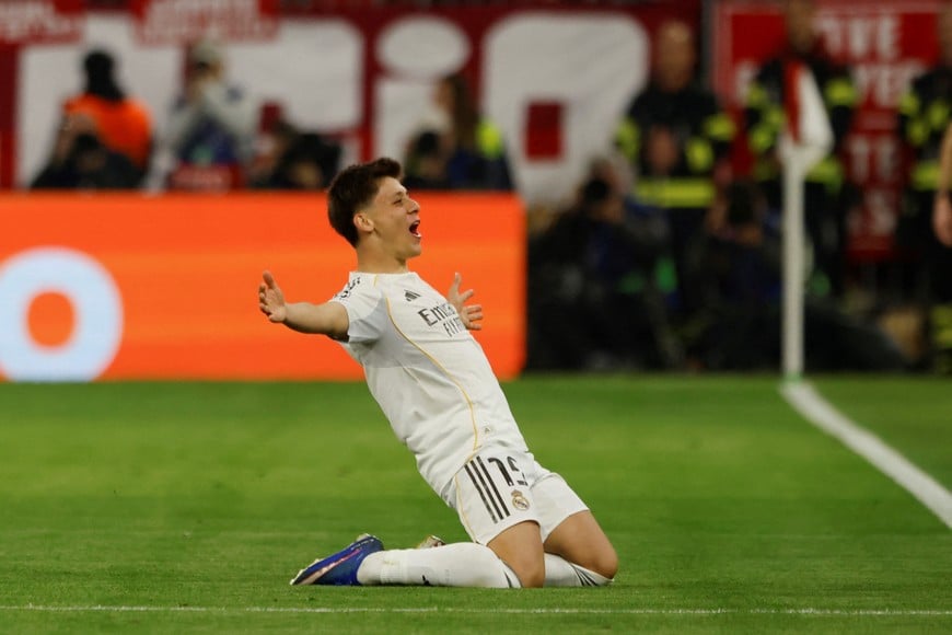 Soccer Football - UEFA Champions League - Quarter Final - Second Leg - Bayern Munich v Real Madrid - Allianz Arena, Munich, Germany - April 15, 2026
Real Madrid's Arda Guler celebrates scoring their second goal REUTERS/Michaela Stache