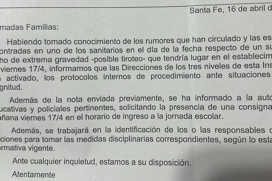 Nota enviada por uno de los colegios.
