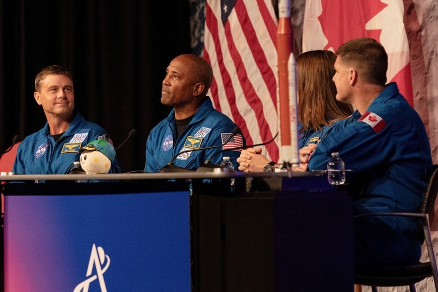 Victor Glover, one of the four-member crew of the Artemis II Moon mission's Orion capsule, responds to a question during a press conference at NASA's Johnson Space Centre in Houston, Texas, U.S., April 16, 2026.  REUTERS/Lexi Parra