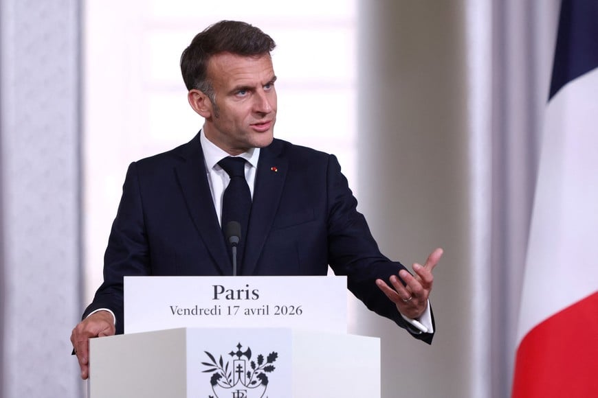 French President Emmanuel Macron attends a press conference after the multinational virtual summit at the Elysee Presidential Palace in Paris, France, April 17, 2026. Tom Nicholson/Pool via REUTERS