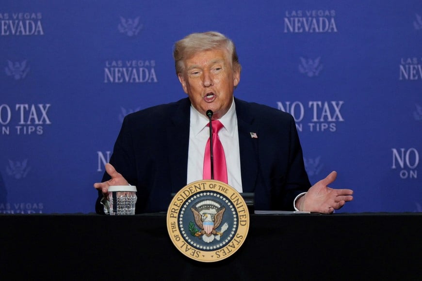 U.S. President Donald Trump speaks during a roundtable focused on tax cuts in Las Vegas, Nevada, U.S., April 16, 2026. REUTERS/Evan Vucci