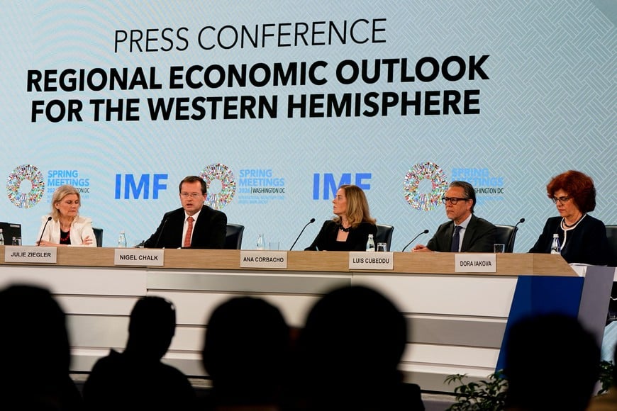 International Monetary Fund (IMF) Western Hemisphere Department Director Nigel Chalk and Deputy Directors Ana Corbacho, Luis Cubeddu, and Dora Iakova take part in a press briefing at the IMF/World Bank 2026 Spring Meetings in Washington, D.C., U.S., April 17, 2026. REUTERS/Elizabeth Frantz