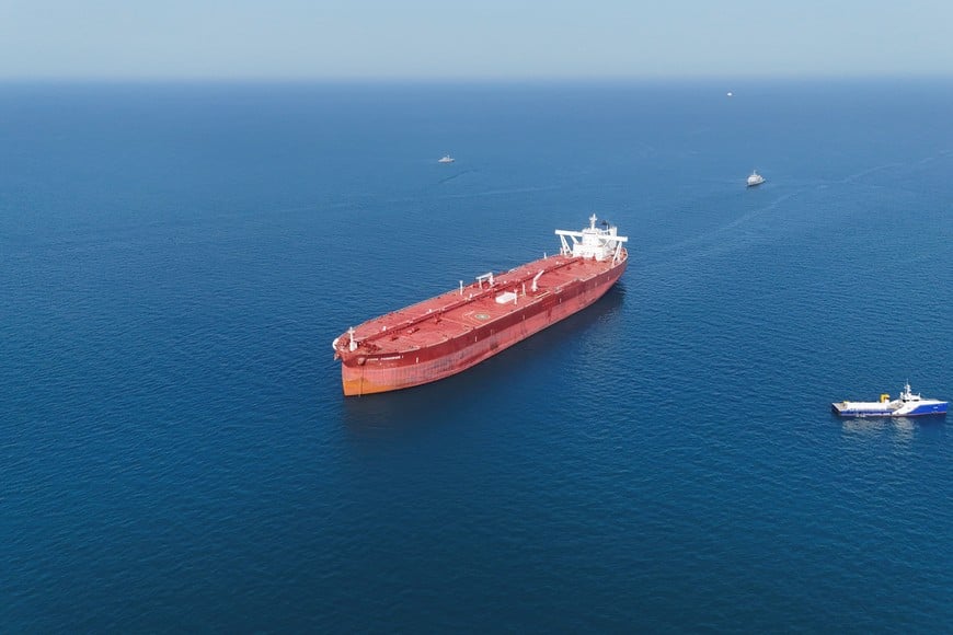 A drone view shows the Malta-flagged tanker Agios Fanourios I, an oil tanker that sailed through the Strait of Hormuz, arriving in Iraq’s territorial waters off Basra, Iraq, April 17, 2026. REUTERS/Mohammed Aty
