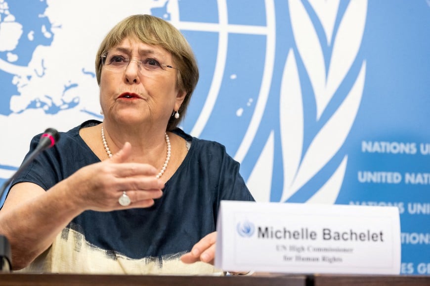 FILE PHOTO: The United Nations High Commissioner for Human Rights Michelle Bachelet attends her final news conference before the end of her mandate at the U.N. in Geneva, Switzerland, August 25, 2022. REUTERS/Pierre Albouy/File Photo