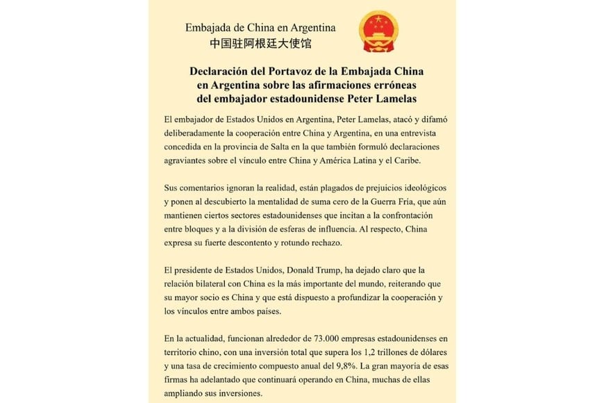 Parte del comunicado de la embajada china.