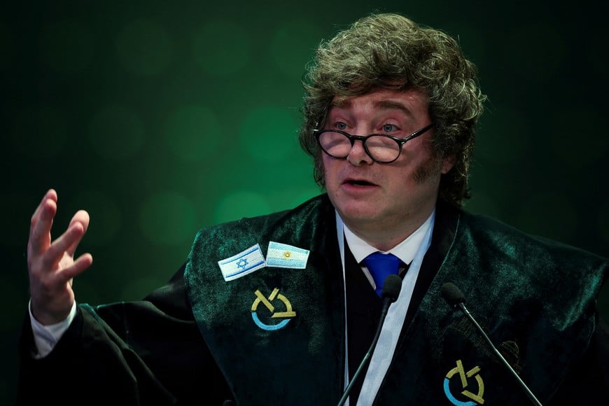 Argentina's President Javier Milei receives an honorary doctorate from Bar-Ilan University, which they say is in recognition of Milei's longstanding partnership with Israel and his fight against antisemitism, in Ramat Gan, Israel April 20, 2026. REUTERS/Florion Goga