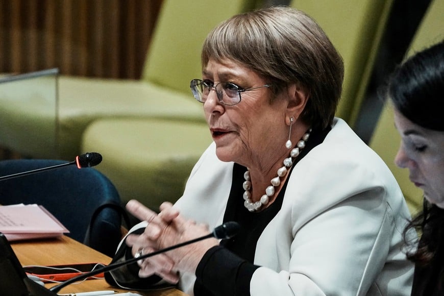 Michelle Bachelet Jeria, candidate for the position of the next Secretary-General speaks to delegates while candidates for the position of new United Nations Secretary General are interviewed at U.N. headquarters in New York City, U.S., April 21, 2026.  REUTERS/Eduardo Munoz