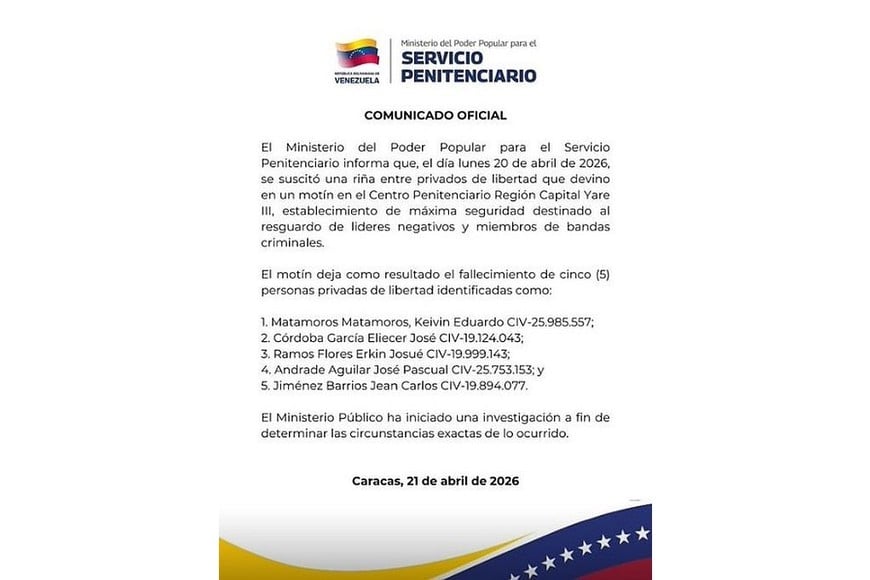 Comunicado del Servicio Penitenciario.