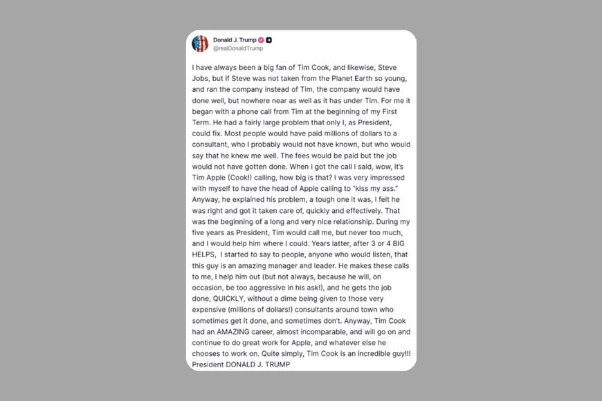 La publicación de Trump en X.