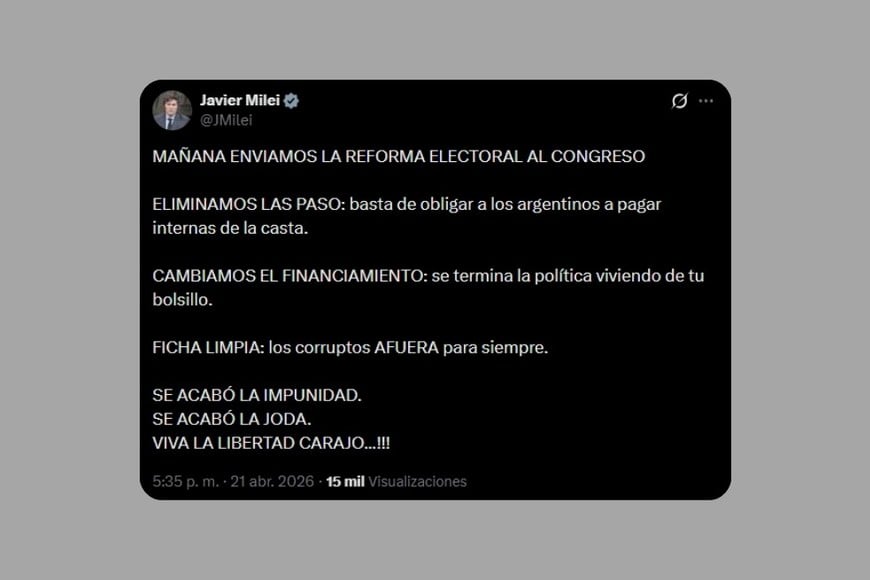 La publicación de Milei en X.