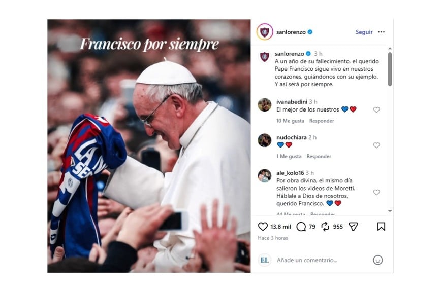 San Lorenzo recordó al papa Francisco con un mensaje emotivo en el primer aniversario de su muerte.