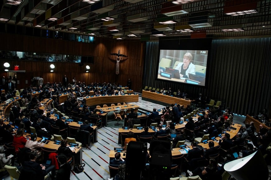Michelle Bachelet Jeria, candidate for the position of the next Secretary-General speaks to delegates while candidates for the position of new United Nations Secretary General are interviewed at U.N. headquarters in New York City, U.S., April 21, 2026.  REUTERS/Eduardo Munoz